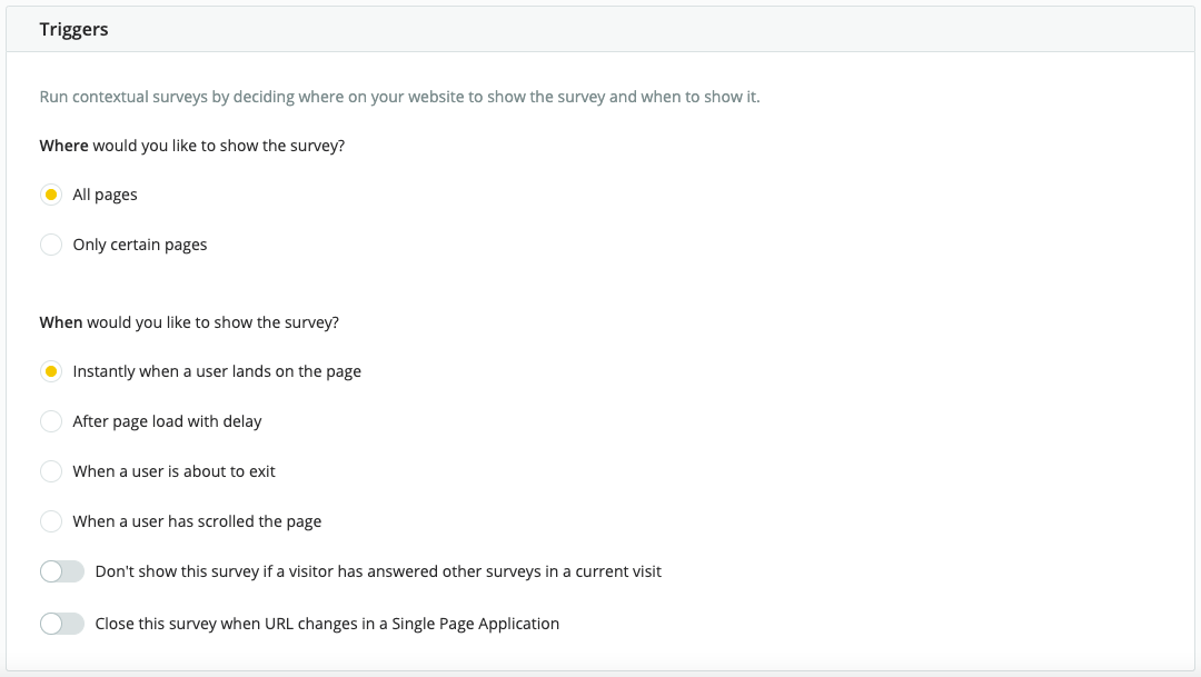 trigger setup for survicate website surveys