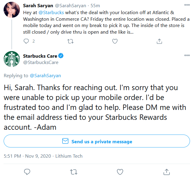 Twitter complaint about starbucks and the comapny resolves customer complaints. 