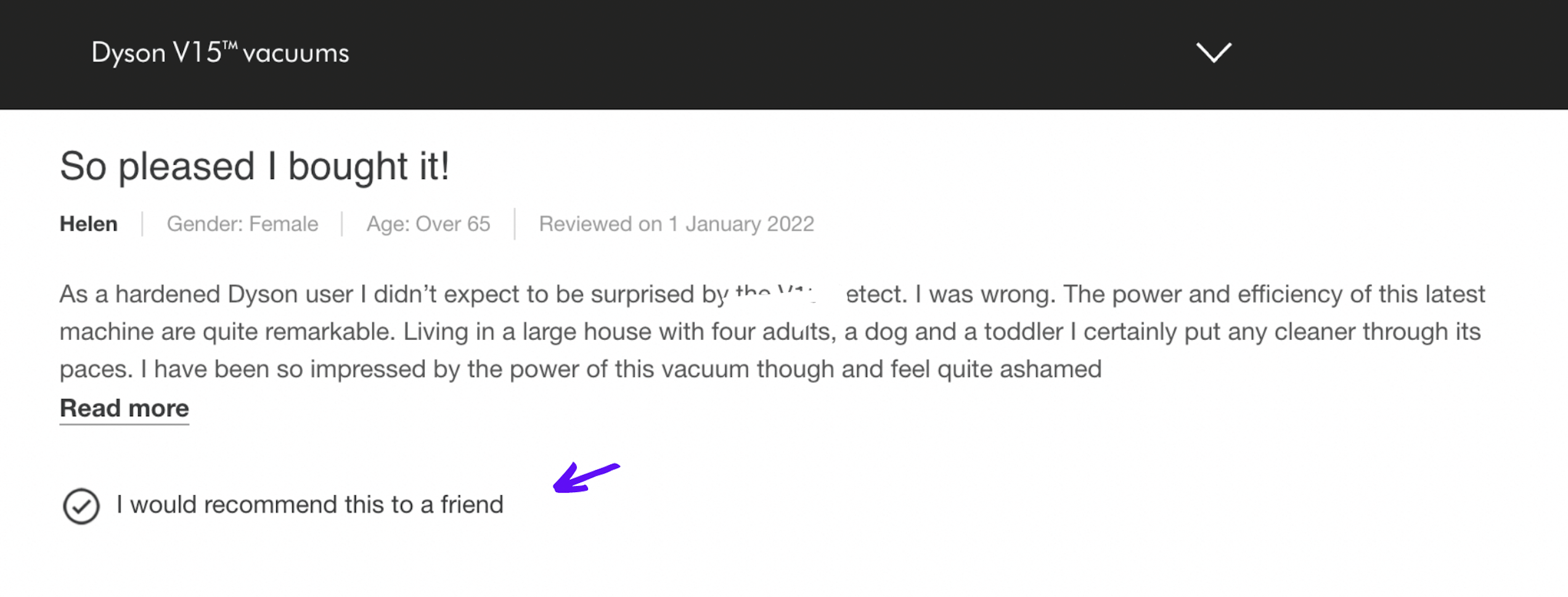 An NPS survey answer on Dyson's product reviews page