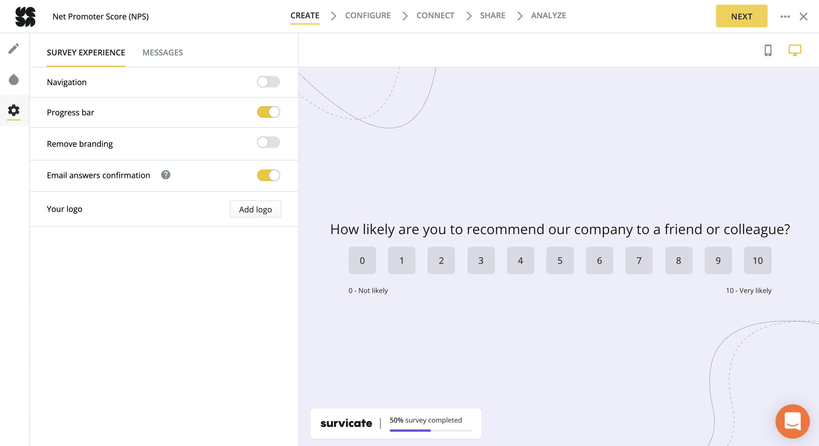 NPS survey settings in Survicate