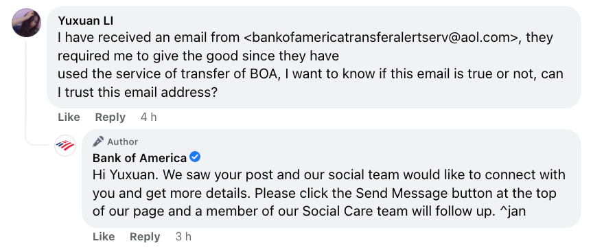 Thank you for your feedback example - Bank of america