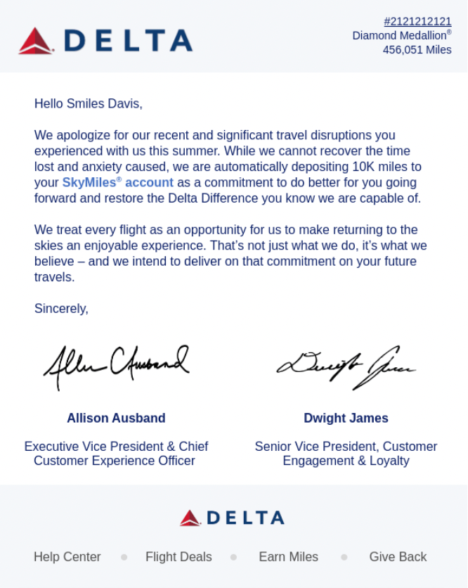 Thank you for your feedback example - Delta airlines